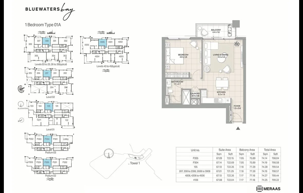1BR in Bluewaters Bay 1